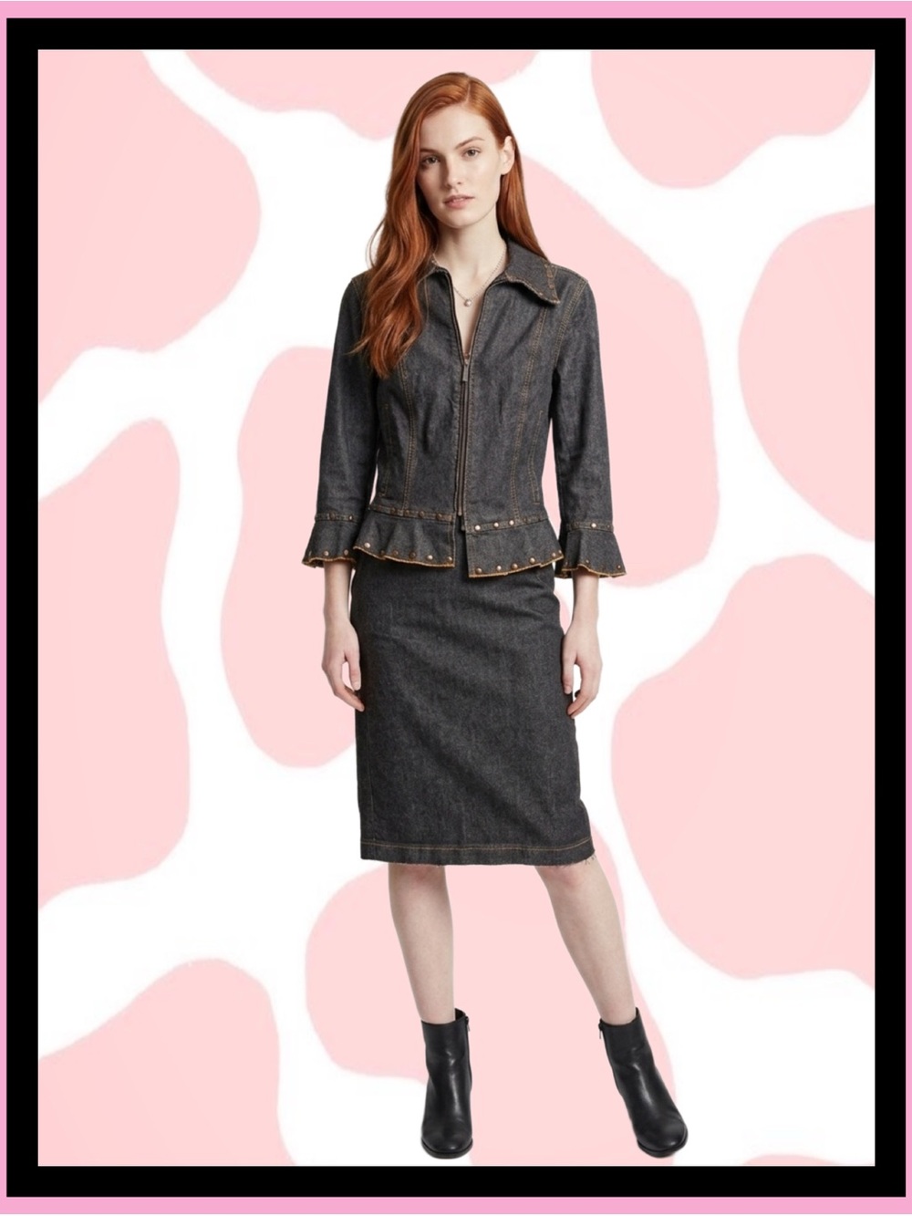 Moschino Dark Denim Pencil Skirt with Studded Peplum Jacket
